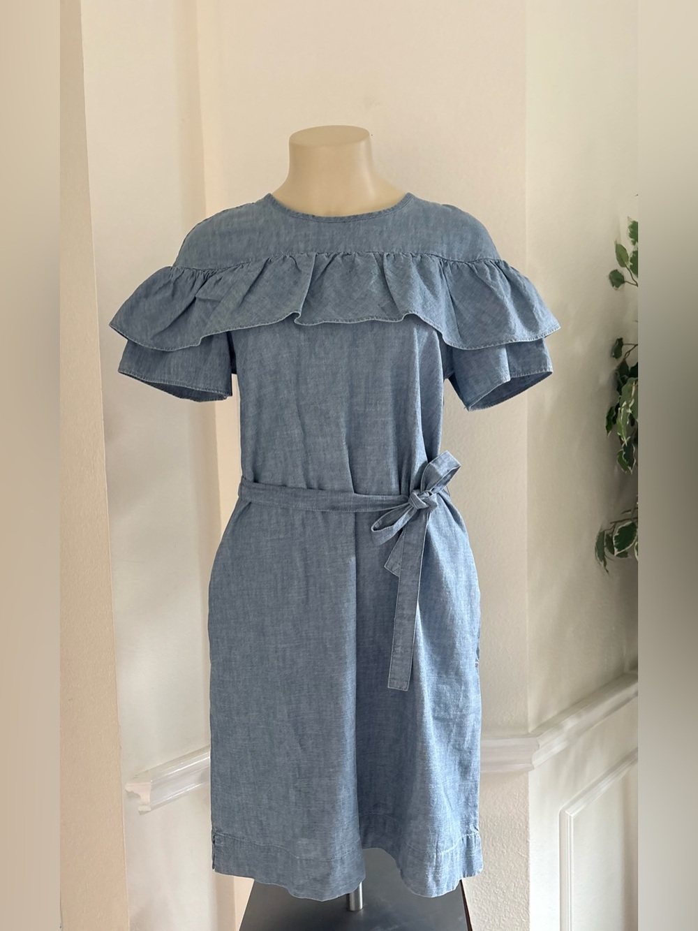 J. Crew Edie Chambray Light Blue Ruffle Belted Dress
